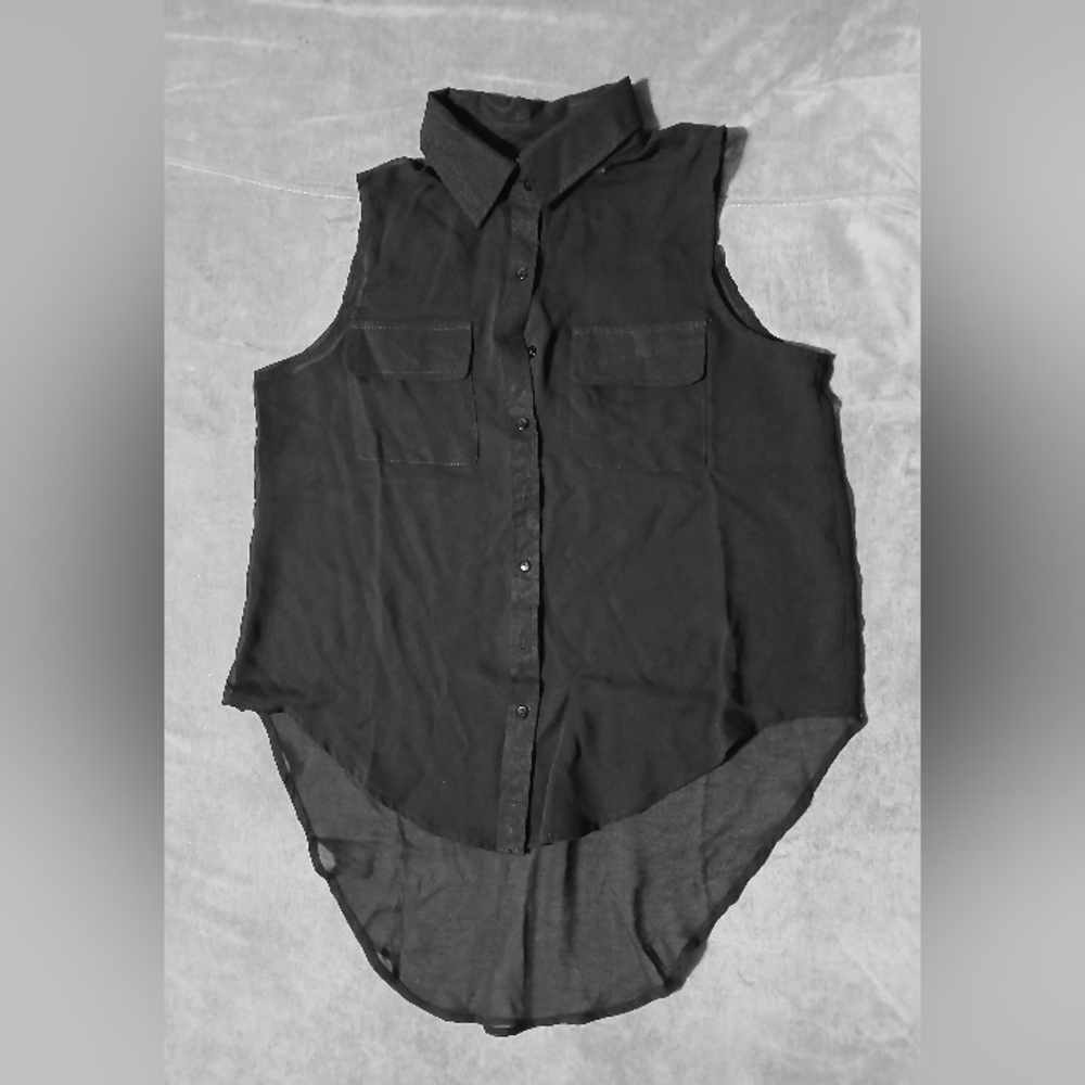 Dots Black Sleeveless Sheer Blouse Women's Sz M western Button Front Pocket Nwt